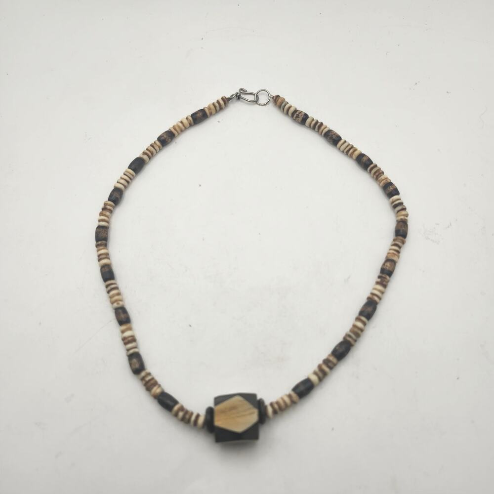 Wooden Beaded Necklace Brown Tan Geometric Pendant Boho Tribal Hook Clasp Rustic